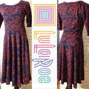 Lularoe Nicole Dress in Red Blue Geometric Pattern